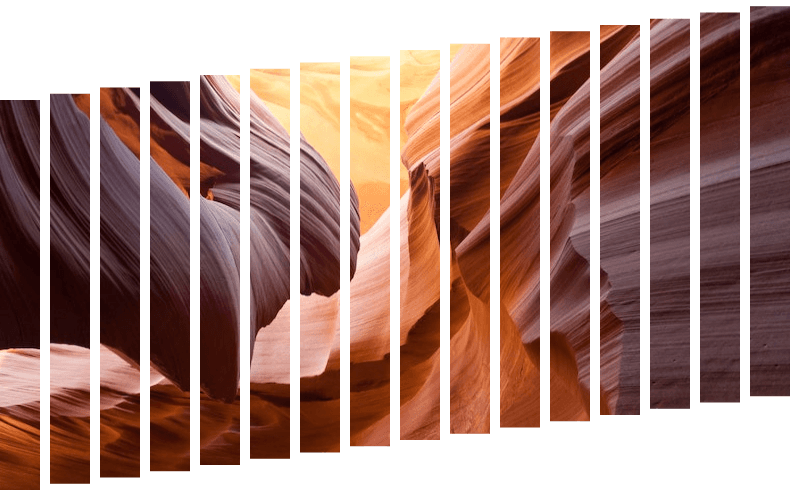 In this example, we transform a single image of a desert canyon into an image composed of 16 vertical stripes. We set an equal distance between the stripes, which is 10 pixels, and add a linear vertical shift to them. The vertical shift starts at the bottom and reaches the maximum offset of 100 pixels. (Source: Pexels.)