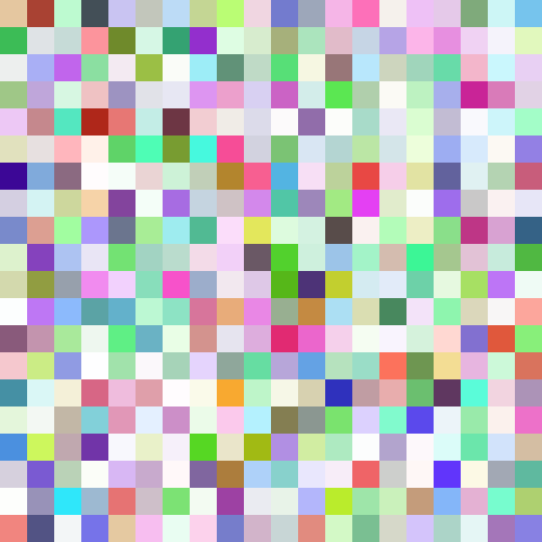 This example generates a 20x20 grid of completely random colors by keeping the Colors option empty. Each random color grid block is 25px in size and the whole random image is 500x500px.