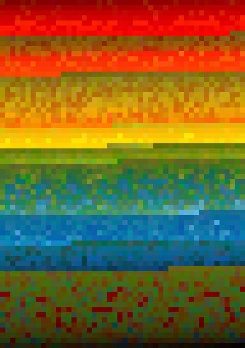 In this example, we load a bright photo of parrot feathers and sort its pixels by the rainbow spectrum. Before sorting, we transform the pixels into medium-sized blocks with the dimensions of 10 by 10 pixels. We then sort them continuously from top to bottom in increasing order of the rainbow colors. (Source: Pexels.)