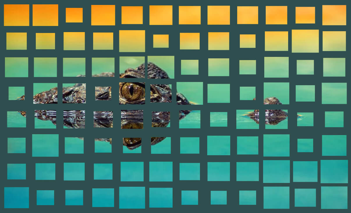 In this example, we split the crocodile image into many small random-sized pieces. We generate 12 parts in each of the 8 image rows, resulting in a total of 96 segments. We fix the segments at the center, do not fix their size, and set varying gaps between them from 5 to 50. We also add 10-pixel padding around the split image and add a dark-slate-gray fill to the gaps. (Source: Pexels.)