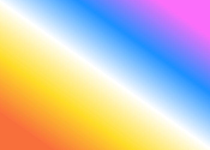 This example creates a linear gradient that consists of five colors, flowing diagonally at a 55-degree angle. The colors include rgb(249, 111, 60), rgb(254, 220, 39), rgba(0, 0, 0, 0) (transparent), rgb(30, 144, 255), and rgb(250, 111, 250). The transparent central color divides the image diagonally, creating a unique visual effect as the gradient crosses the canvas.