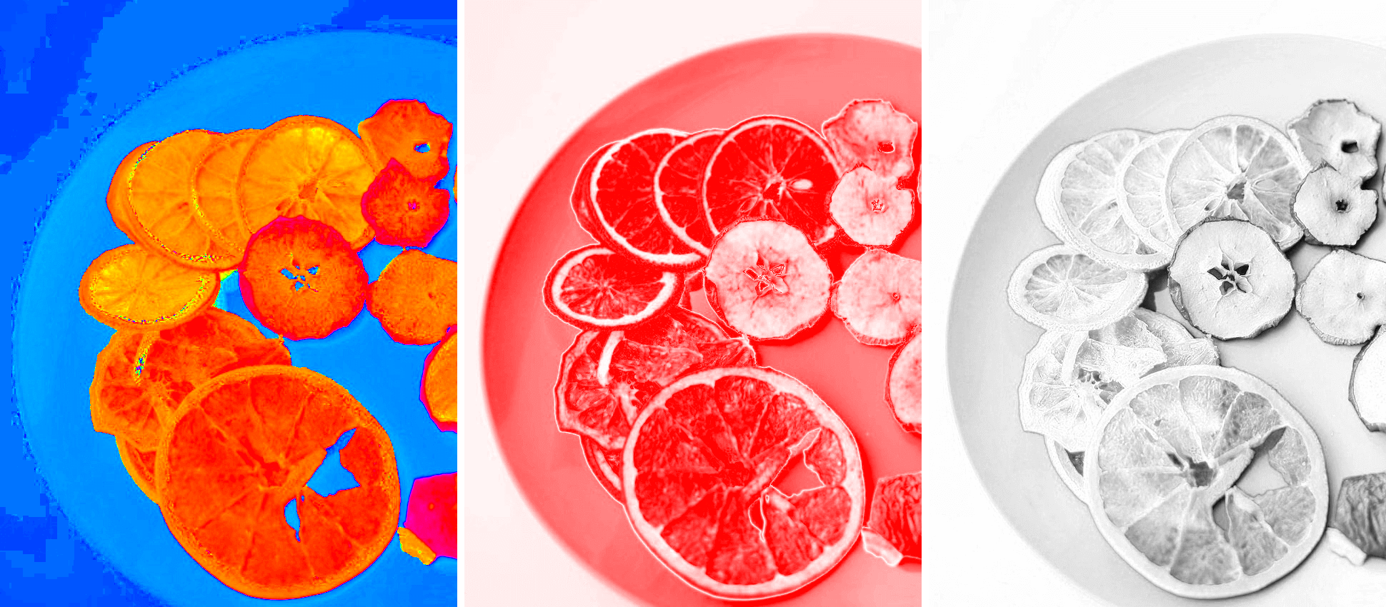 In this example, we separate all three color channels of the HSV color space into separate images. The hue channel visually illustrates the specific hues used to represent the plate and citrus. The saturation channel gives an idea of the intensity or purity of these colors. Finally, the value channel shows the luminance levels associated with each element. (Source: Pexels.)