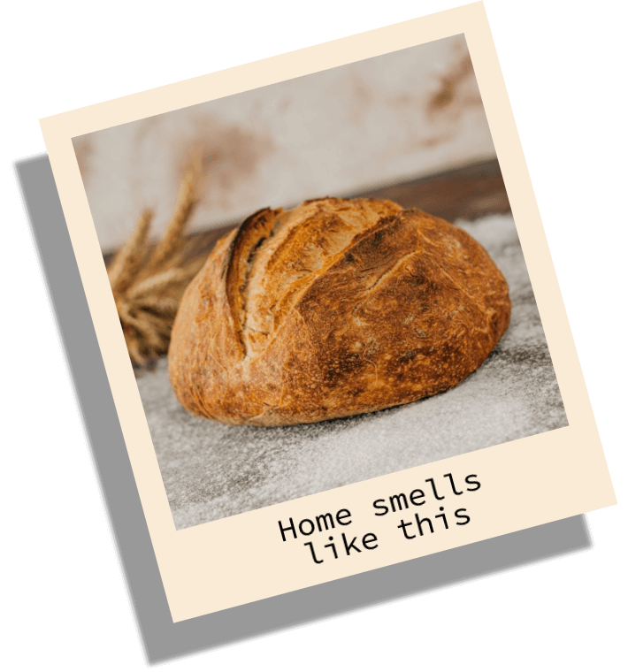 In this example, we create a warm polaroid of freshly baked bread. We frame the image with an antique white border and add the caption "Home smells like this". We place the text on two lines and use the elegant Google font Source Code Pro. We also rotate the polaroid by 15 degrees (a positive angle tilts it counter-clockwise) and add a very sharp (almost not blurry) shadow with a blur radius of 30, shifted 40 pixels down and to the right. (Source: Pexels.)