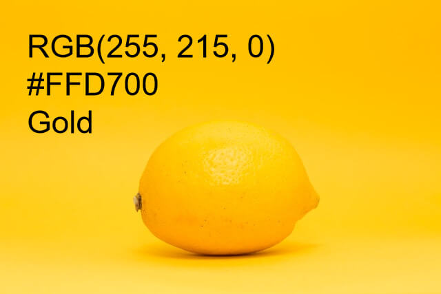In this example, to study colors in design courses, it was necessary to visualize the "Gold" color. For this, we upload an image of a lemon on a golden background and add a label with the color name in hex, RGB, and HTML/CSS format. For good contrast, we choose black color for the text (without background) and use the popular sans-serif font Helvetica, aligning it to the left. (Source: Pexels.)