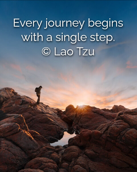 In this example, we annotate an image of a hiker in the mountains with a short and powerful quote to inspire viewers. We enter the quote by the ancient Chinese philosopher Lao Tzu in the options and position it at the top of the image. To give the annotation an appealing look, we choose the custom font Raleway and apply a shadow effect with a blur radius of 6 pixels. (Source: Pexels.)