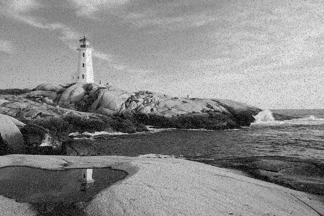 In this example, we transform a modern lighthouse photo into a historic image of the same lighthouse taken 100 years ago. To do this, we first convert the image to grayscale, and then overlay it with a grayscale noise effect. For greater realism, we make the noise pixels semi-transparent so that they blend in seamlessly with the image. As a result, we get a very old lighthouse photo. (Source: Pexels.)