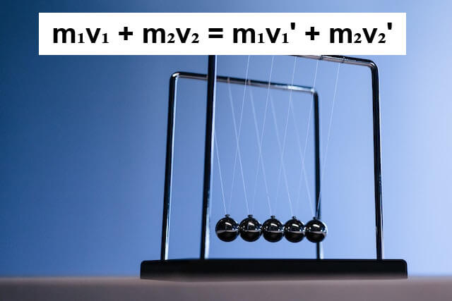 In this example, we use an image annotation program to comment on a physical experiment. We upload an image of a Newton's Cradle example and add the annotation "m₁v₁ + m₂v₂ = m₁v₁' + m₂v₂'". This formula describes the system and represents the law of conservation of momentum, which states that the sum of the momenta of the objects in a system remains constant if no external forces act upon them. To display the formula, we use bold Arial font in black color on a white rectangular background. (Source: Pexels.)