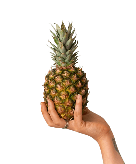 In this example, we fill the empty background of an image with a vibrant linear gradient. We use four colors for this purpose: salmon, mistyrose, skyblue, and mediumpurple, placing them in that order from top to bottom. As a result, we obtain a highly vivid and completely opaque image of a pineapple in hand. (Source: Pexels.)
