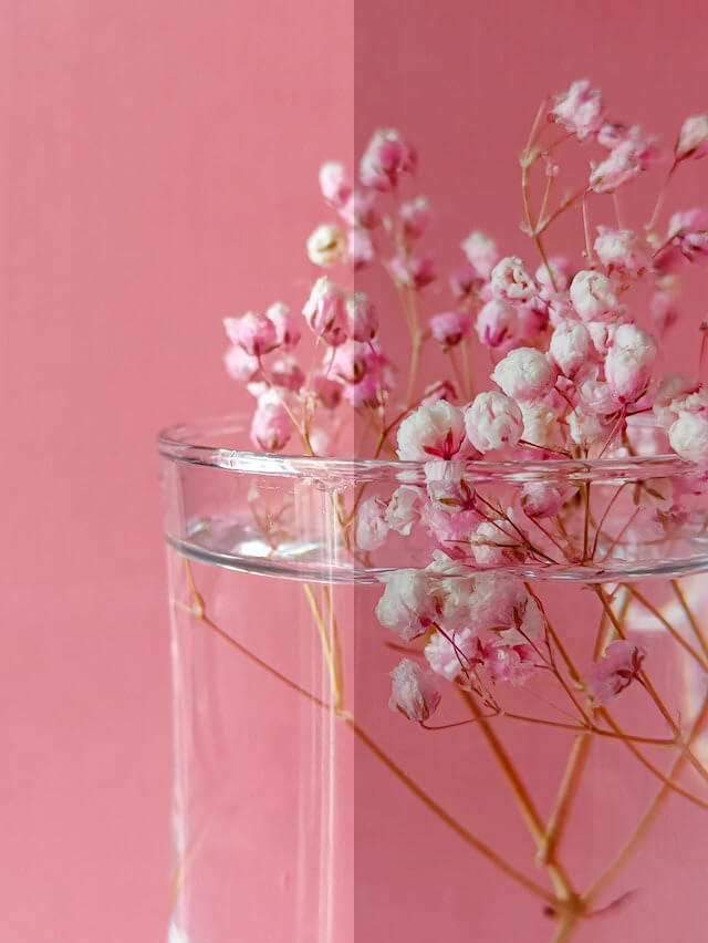 This example changes the brightness only on half of the image of pink flowers in a glass vase. It sets the brightness to 85% for the right part of the image, while leaving the left part unchanged. (Source: Pexels.)