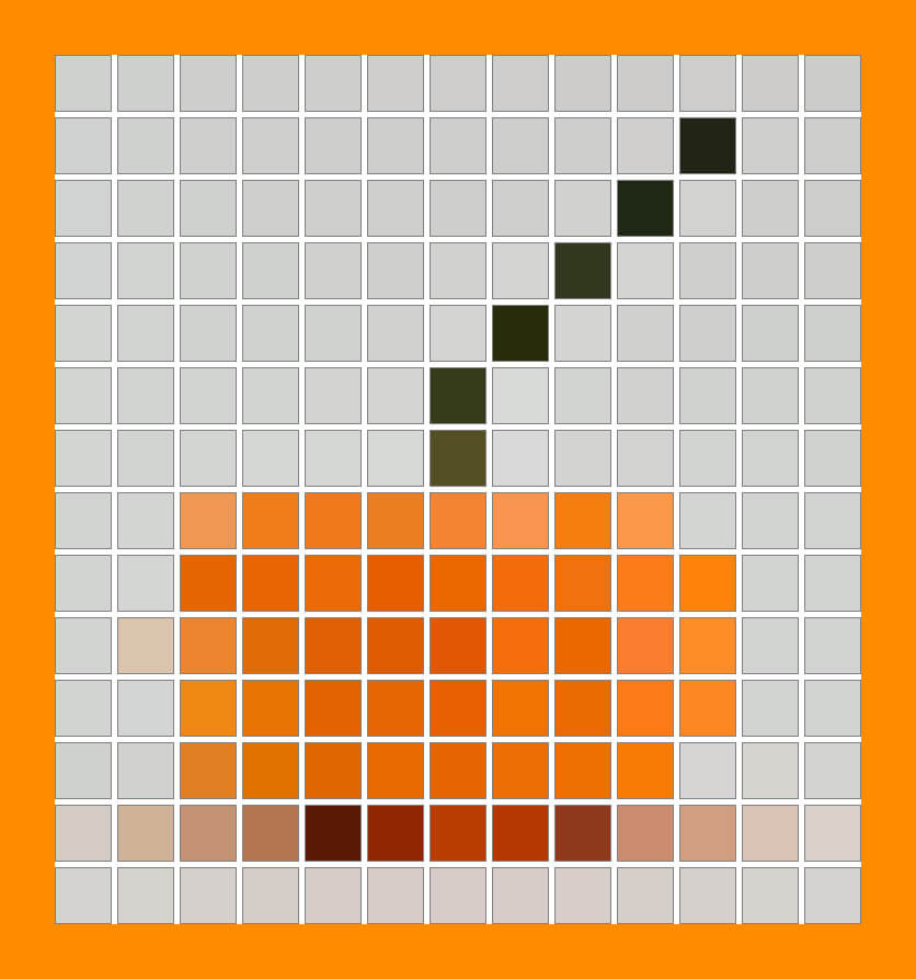 In this example, we generate a color mosaic from an image of a pumpkin using very large tiles sized 50 pixels. Each element of the mosaic contains the average color of 2500 pixels, giving the image a pixelated look. The tiles have a 1-pixel gray border and are spaced 5 pixels apart. The spacing between them is filled with the white color. Additionally, there is a 50-pixel padding around the mosaic, colored in the dark orange color. (Source: Pexels.)