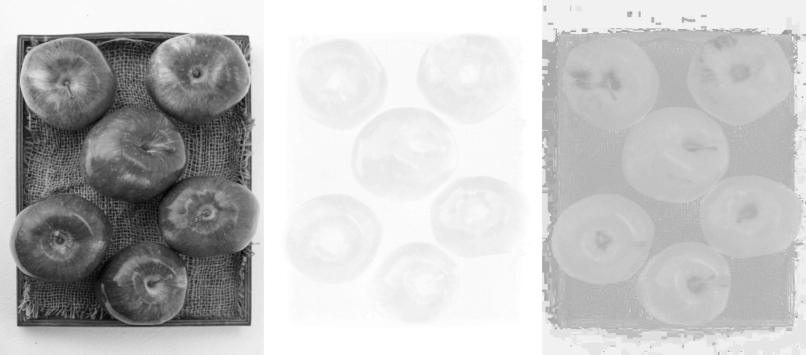 In this example, we transform an image of red apples into three monochrome images, each representing a unique component of the LCH color space. The first image shows the luminance of every pixel (it is black and white by default), the second highlights chroma (originally displayed in magenta and white but turns monochrome upon conversion), and the third represents hue (depicts the vibrant hues of the image in grayscale style). (Source: Pexels.)