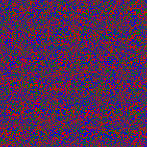 This example generates an RGB noise image. It creates random pixels at a very small scale and generates them in one of three colors: red, green, or blue. The image has a size of 300 by 300 pixels, resulting in a total of 90,000 small RGB pixels.