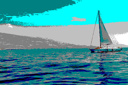 This example redraws an image of a sailboat using the Basic HTML Colors palette, which consists of only 16 color tones. These color tones include White, Silver, Gray, Black, Red, Maroon, Yellow, Olive, Lime, Green, Aqua, Teal, Blue, Navy, Fuchsia, and Purple. It utilizes the Closest Color Distance conversion method and as a result, produces a highly pixelated and schematic image. (Source: Pexels.)