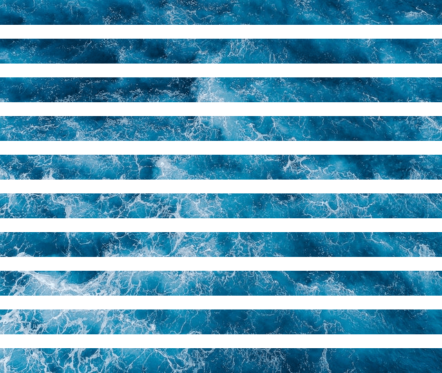In this example, we cut an image of a wavy sea into 10 equal-sized horizontal strips and place them at a fixed distance from each other, which is set to 20 pixels. We make the background between the strips transparent and set zero padding around the image. (Source: Pexels.)