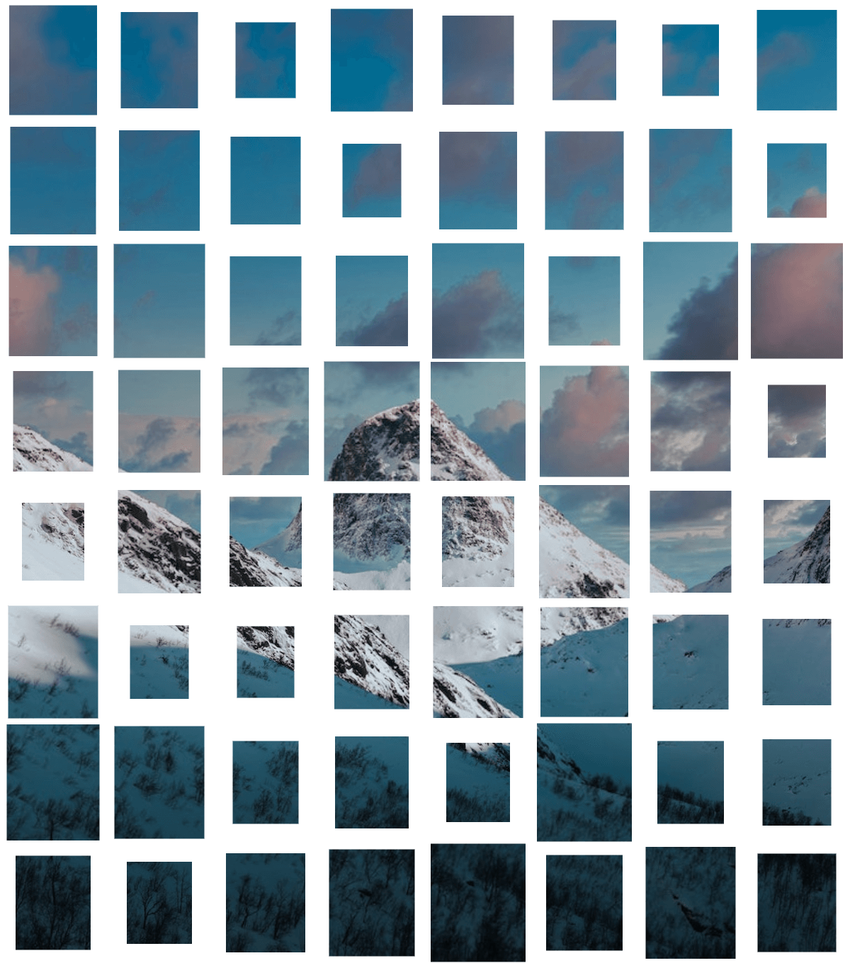This example transforms a single image of snowy mountains into a puzzle of 64 pieces. It arranges the pieces neatly following a rectangular grid and spreads them apart by a distance of 80 pixels. Then, it randomly scales selected pieces by a random factor, creating a unique composition. (Source: Pexels.)