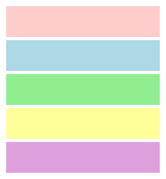 In this example, we create a gentle and refreshing spring-themed color palette. It includes soft pink, light blue, pastel green, pale yellow, and plum hues, specified using HEX codes in the color definition list. The colors are arranged vertically as long strips. There are 10-pixel gaps between them and a transparent 20-pixel padding around the whole visualization.
