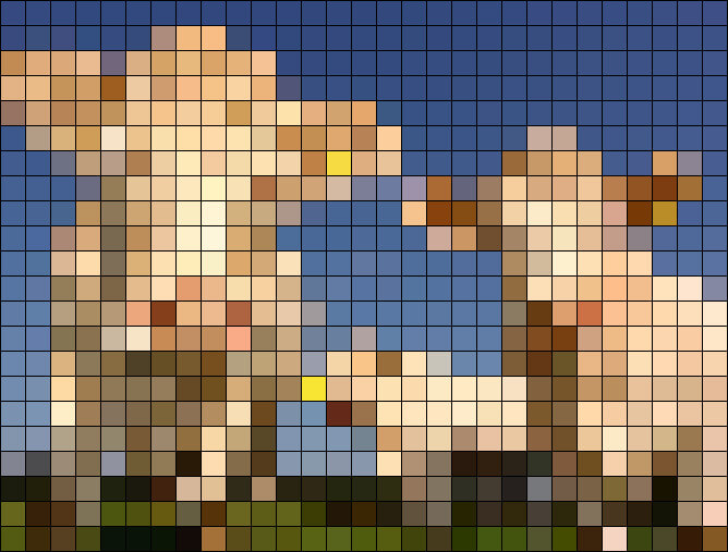 In this example, we convert a photo of three adorable cows into a simplified mosaic made out of square tiles. Each tile is 22 by 22 pixels, with its fill color calculated from the average of 484 pixels within the square. We also outline each tile with a 1-pixel black border to enhance the mosaic's appearance. (Source: Pexels.)