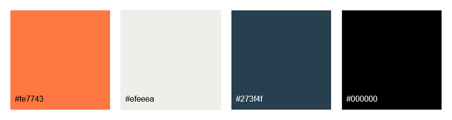 In this example, we're working on a color palette for a mobile app interface design. We've carefully selected the following four shades: "#fe7743", "#efeeea", "#273f4f", "#000000". Each color is displayed in a 200×200 pixel block, arranged horizontally with a 20-pixel separator. We also display the HEX code of each color in the lower left corner of the block to quickly identify the color by its code.