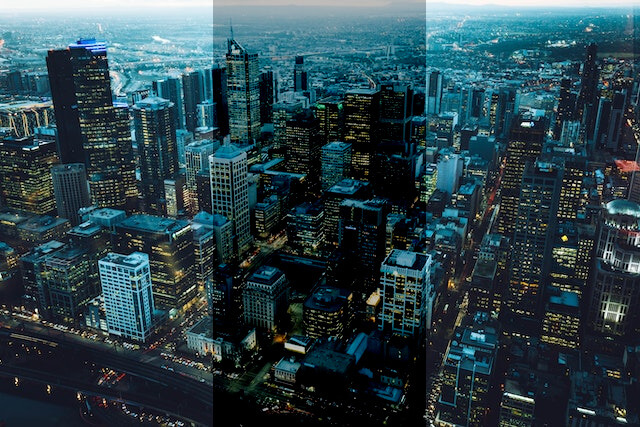In this example, we divide the image of the night city into three parts by drawing a vertical stripe through the center and making it darker. We set the brightness to 75% within the stripe in the middle, while the left and right parts of the image remain at their original brightness level. (Source: Pexels.)