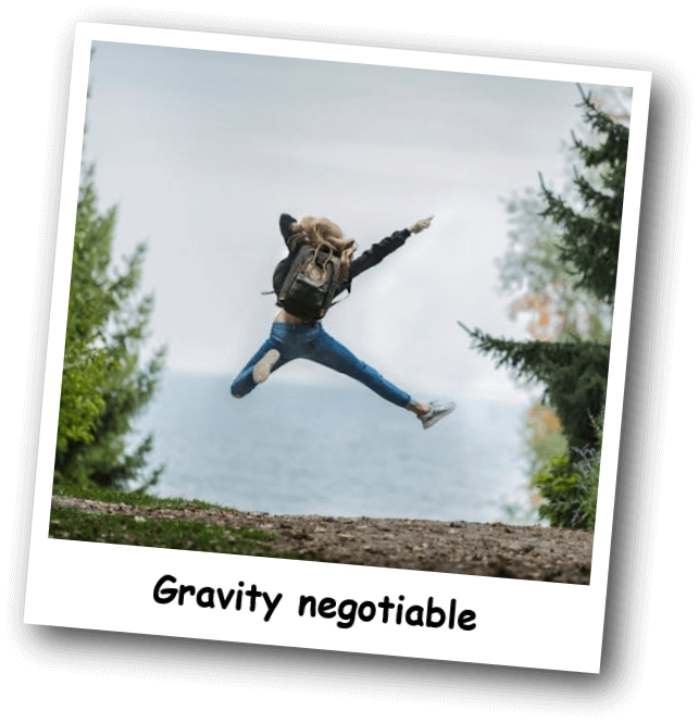 In this example, we capture a dynamic shot of a woman mid-jump and transform it into a vibrant polaroid. We add a clean white border to the image and decorate the polaroid with the playful caption "Gravity negotiable" in bold Comic Sans MS. To enhance the energetic feel, we tilt the polaroid slightly by -5 degrees (a clockwise angle) and add a heavily blurred black shadow with 20% transparency. (Source: Pexels.)