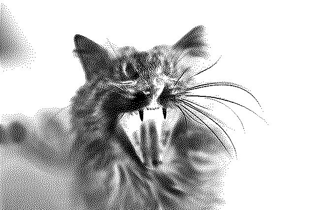 This example transforms a colorful image of a yawning cat into a black and white image. In this case, the algorithm uses white pixels to represent dark areas and black pixels to represent light areas. Additionally, it employs dithering to make the image more realistic by simulating shadows. (Source: Pexels.)