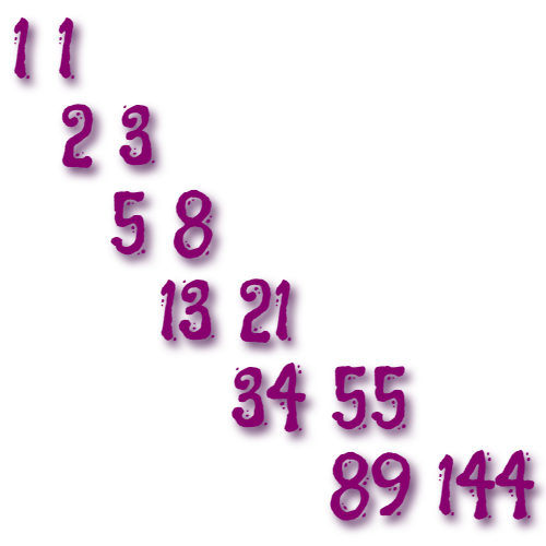 In this example, we create an unusual illustration of Fibonacci integers. We enter the first two values horizontally and write their sum down below the second value. Then we add the last two vertical integers and write their sum on the right. Then we add the next two horizontal values and write down the sum below, and so on. This way, we get an easy to follow Fibonacci sequence. We convert it to an image of the size of 480×480 pixels. We use purple color for the integers and a white color for the canvas. We also use a custom font called Flavors and add a dark violet 5 o'clock shadow to integers.