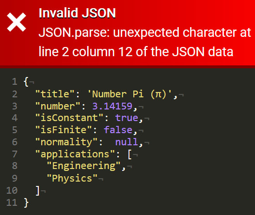 In this example, we use the JSON viewer to detect and correct errors in the JSON object. As you can see, the tool indicates an error on line 2, where single quotes are mistakenly used instead of regular double quotes for the value of the title "title" key. As we have enabled line numbering in the options, we can quickly locate the erroneous line and fix the error by replacing single quotes with double quotes.