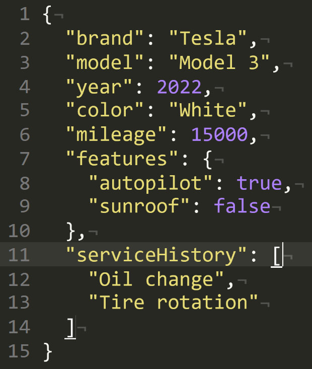 In this example, we load a complex JSON file, which includes numbers, strings, nested objects, and arrays. As our JSON editor is equipped with a code highlighting component, it makes it very easy to navigate through the file – the line of the current cursor position stands out, the corresponding bracket pairs get illuminated, and numbers, strings, and other syntax elements get printed in distinct colors.
