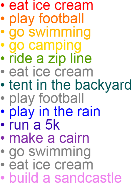 This example adds colors to a summer todo list. As we spent all winter waiting for the summer, we accidentally wrote down the same items in the list. To quickly see only the unique things we want to do this summer, we use the unique item coloring mode.
