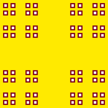 This example draws white dust squares with a wide, brown 4px border on a yellow background. It repeats the recursive dust subdivision process for 4 iterations and you get 64 squares.