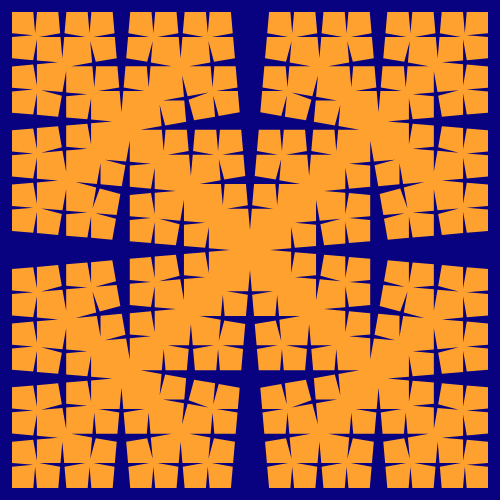This example generates the so-called torn square fractal, which is just a special case of Cesaro fractal. The incision angle is set to 85 degrees that makes a very sharp cut in the initial square at every iteration. Canvas size measures at 500 by 500 pixels and the thickness of the line is not set here, so the fractal is drawn using only two colors. Notice how another fractal appears inside of the square as the number of iterations increases.