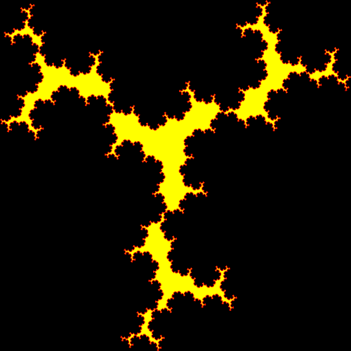 In this example we use a short rule from four segments and apply it to a triangle. We use a black background color, a red outline, and a yellow fill. We get an unusual fractal shape, similar to burning coals. We also recurse this fractal for 6 iterations, change zigzag's width to 1 pixel and remove padding by setting it to zero pixels.