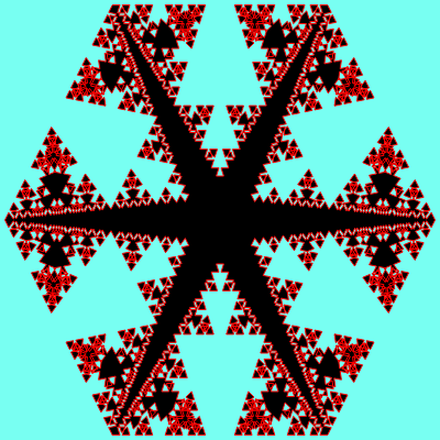 This example uses only positive and negative angles equal to 110 degrees in its substitution rule. Only after five iterations this Cesaro pentaflake acquires an unusual star-like shape with small patterns around its edges.