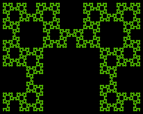 This example generates a Fibonacci word curve using 20 iterations. The starting direction is set to east (left) and it uses green and black colors for the fractal drawing. This fractal shows mirror symmetry along the middle.