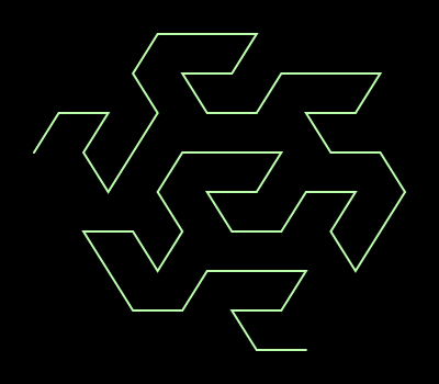 This example shows a Gosper curve using 2 iterations only. Color is set green on black, line width is set to 2px, padding to 30px and space size to 400x350px.