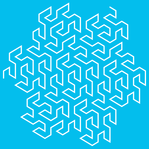 This example evolves Gosper's curve for 3 generations. It also sets a blue background, white curve line color, and sets line's thickness to 4px. The dimensions are set to square - 500x500px.