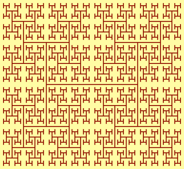 This example shows a fractal at 5 iterations, so there are five different sizes for the letter H. At each step, the letters decrease in size by square root of 2 and the lines that create letters H never. If we continued at higher order, we'd fill entire 600x550 rectangle.