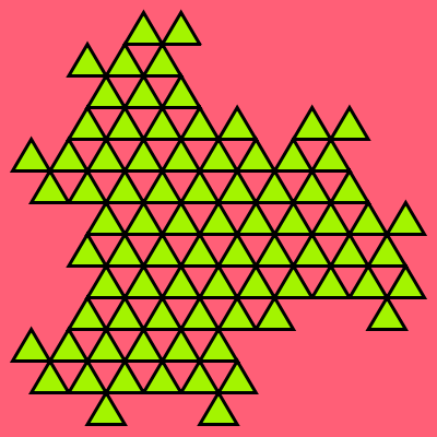 In this example we use all three possible colors for drawing the triangles. The colors here are written in various formats – hex code for the background, named color for the line, and RGB code for the filling. We generate five iterations of the fractal, set the triangles' side width to three pixels and turn all triangles up.
