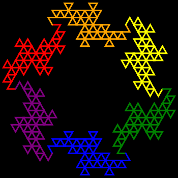 This example generates a circle of dragons using rainbow colors. Here we're using only 5 iterations to draw the final fractal and we enable connect-tails option. As we're using line thickness of 3px we can clearly see how the dragons are made of individual line segments. Also a small space around a curve (5 pixels) is drawn for padding and the dimensions of the image are 350 by 350 pixels.