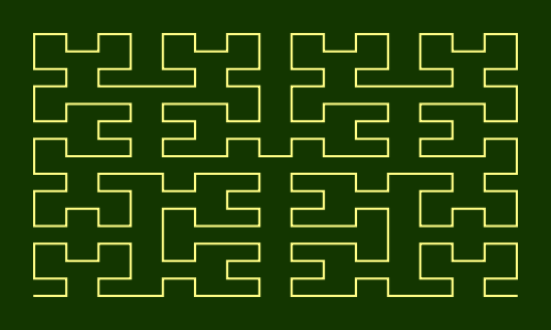 This example draws a Hilbert curve inside a 500x300 rectangle. As this rectangle isn't a square, the horizontal segment size is larger than vertical segment size.