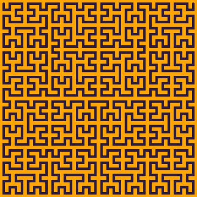 This example generates a 5th order Hilbert curve on an orange background and sets curve thickness to 5px. The space is set to 400x400px square.