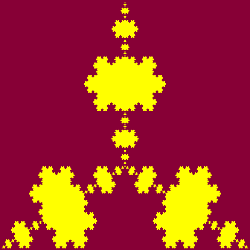 In this example, we set the contour line width to 0 that makes it use only two colors for the fractal. Here the snowflake is constructed using 7 iterative transformations and with padding at snowflake extremities of 5 pixels.