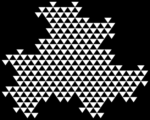 In this example we bend the zigzag line at 120 degrees. To our surprise, we get the Heighway triangle fractal. To show more possibilities of this tool, we've made zigzag's width equal to zero, set the background to black color and triangle fill color to white, changed fractal's size to a 500x400px rectangle with 5-pixel indentation along the edges of the frame.
