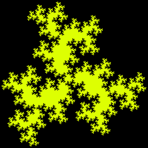 This example creates a Koch triangle fractal. As the title suggests, the base figure is a regular triangle and its sides are replaced with a zigzag made out of three equal-length parts that are cut at 108 degrees. We don't draw zigzag lines themselves and our fractal is drawn in yellow on a black background.