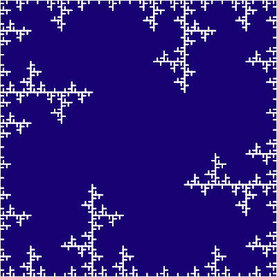 In this example a curve similar to freezing ice pattern is created by a single Lindenmayer system rule. We used cold colors to make it look like a real frost.