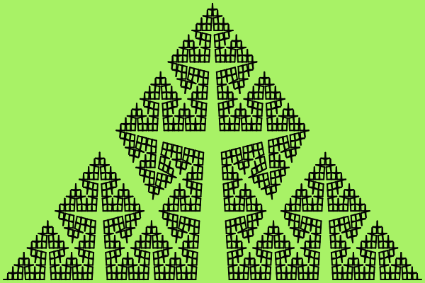This example generates a variation of Koch star known as Cesero fractal with an angle of 80 degrees. It has a width of 600px and a height of 400px, it uses 6 iterations and the starting direction is set to left.
