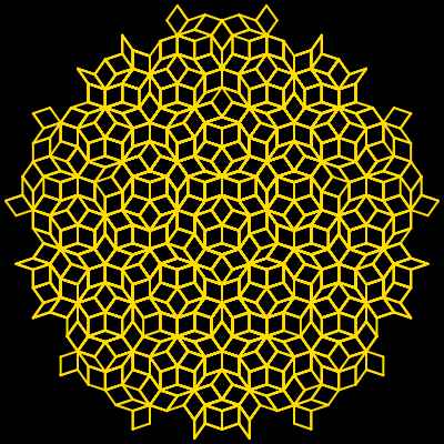 This example uses an L-system to generate a Penrose tiling. For this curve we use all 5 rules and use four characters for drawing. We also set the color of the background to black and yellow color for the line. Pretty!