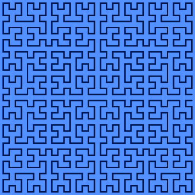 This example generates 5th generation Moore's curve in the "left" direction. It changes the background to blue, curve color to blackish, and dimensions of curve space to a square with side 400 pixels.