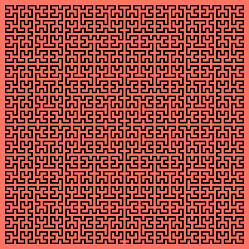This example draws a colorful Moore curve on a 500x500 pixel square. It sets padding to 10 pixels and background color to redish-orange.