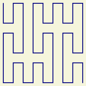This example generates a second order Peano curve filling 300x300px space. This curve has a nice navy-on-white color scheme and has a vertical direction of starting movement.